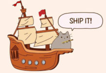 Co to jest ship w pokerze? Grafika przedstawiająca kota na dziobie starego okrętu. Dymek nad kotem mówi: Ship it.