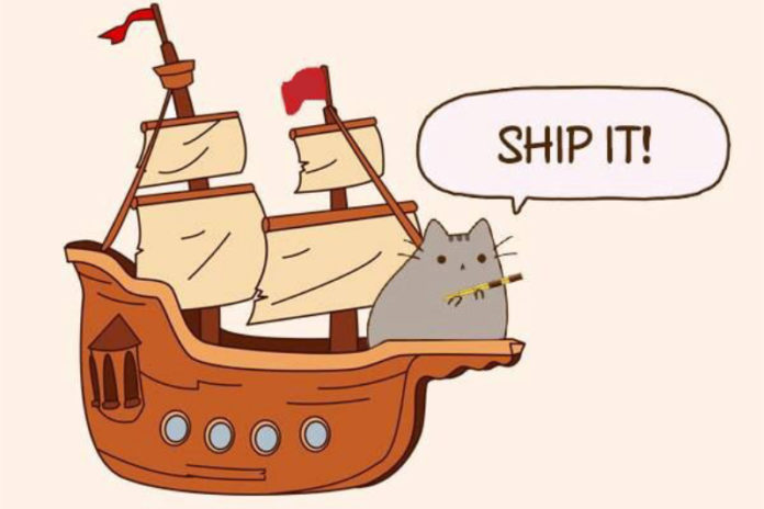 Grafik yang menunjukkan seekor kucing di haluan kapal tua.  Gelembung ucapan di atas kucing bertuliskan: Kirimkan.