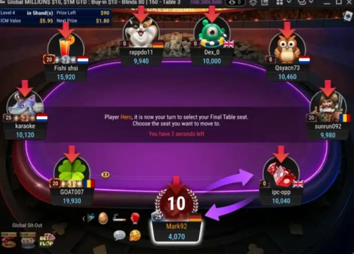 GGPoker – błędy początkujących graczy przy stole Stół finałowy w GGPoker – moment wyboru miejsca, typowy błąd początkujących