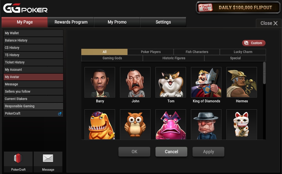 Panel konta GGPoker – wybór avatara po rejestracji