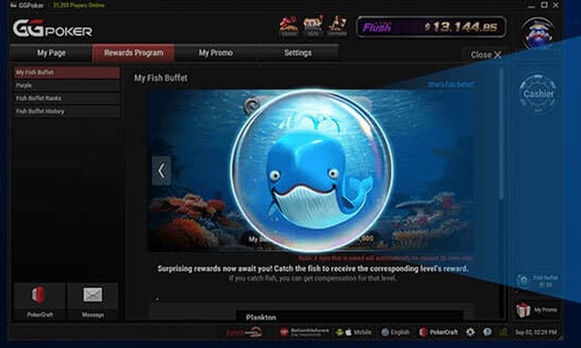 GGPoker rakeback – ekran programu Fish Buffet z nagrodami