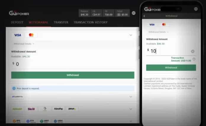 Wypłata z GGPoker – ekran wyboru kwoty i potwierdzenia transakcji