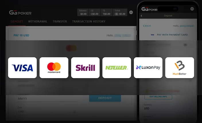 Dostępne metody wpłaty w GGPoker – karta, Skrill, Neteller