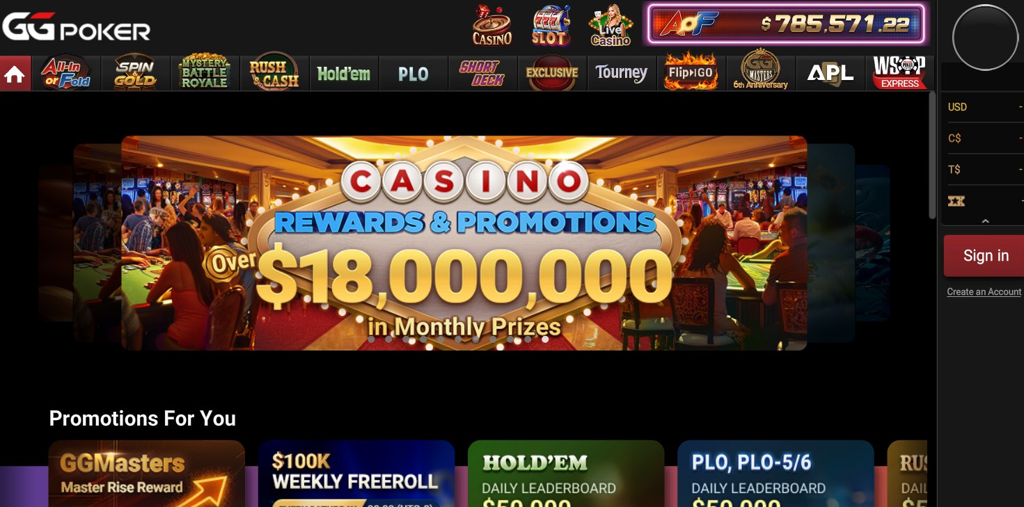 Widok lobby GGPoker po pierwszym logowaniu na konto