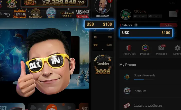 Saldo konta po wpłacie w GGPoker i dostęp do kasjera