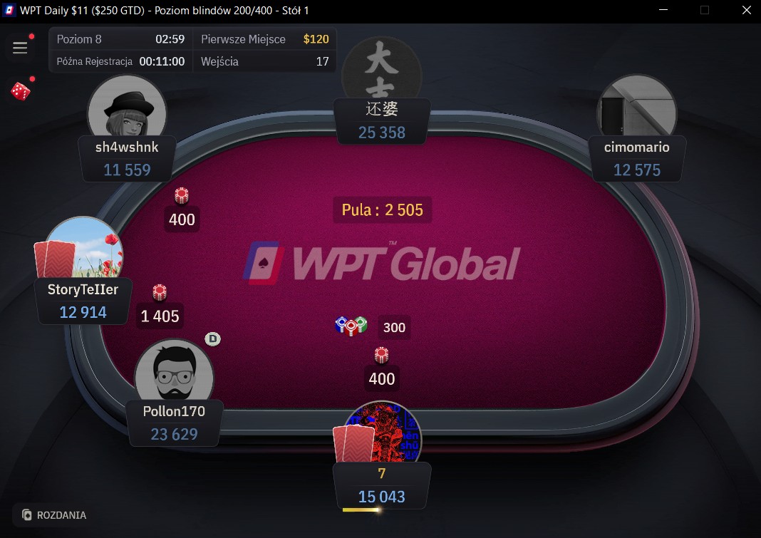 Stół turniejowy MTT online w WPT Global – gra wielostołowa