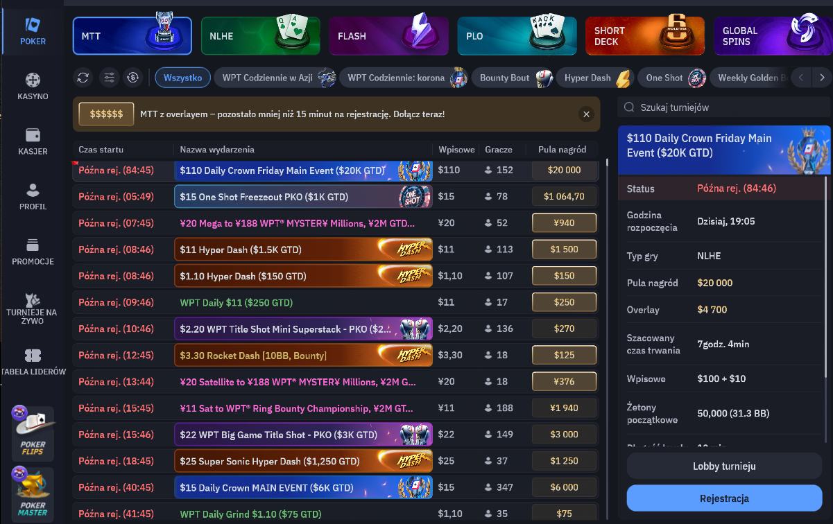 Lobby MTT w WPT Global – turnieje online i gwarancje