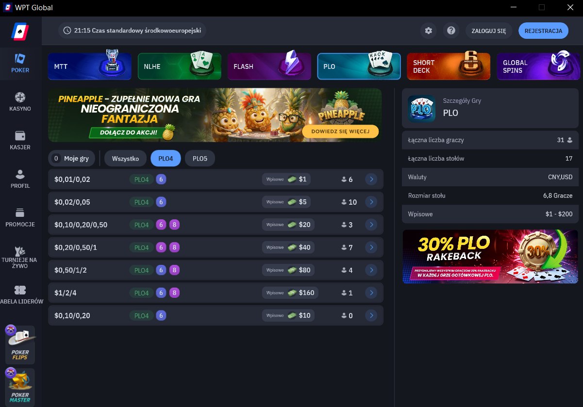 Lobby PLO w WPT Global – dostępne stawki Omaha cash