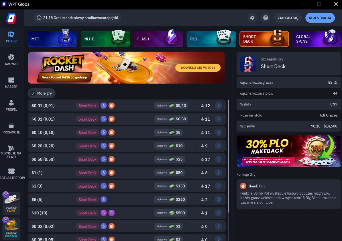 Lobby Short Deck w WPT Global – dostępne limity 6+ online
