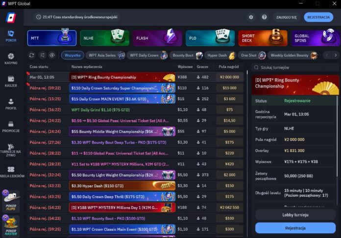 Lobby turniejowe i eventy MTT w WPT Global