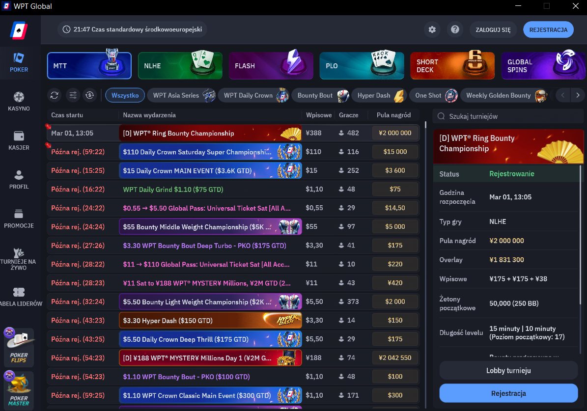 Lobby turniejowe i eventy MTT w WPT Global