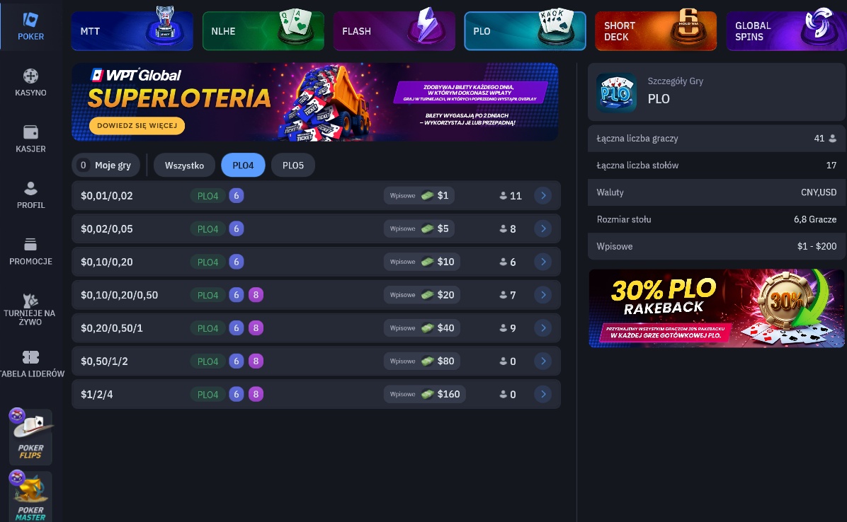 Lobby WPT Global z mikrostawkami i turniejami dla początkujących graczy